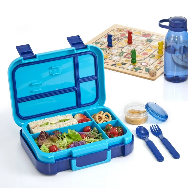 Lonchera bento box azul con cubiertos