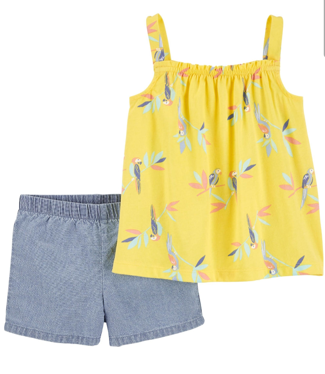 short mezclilla y blusa tirante pajaros amarilla Carters